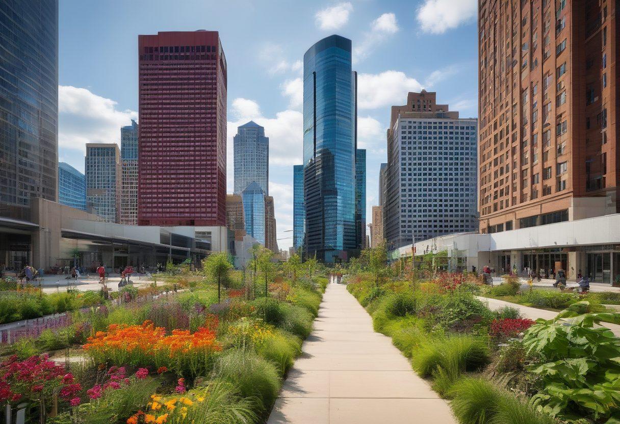 A vibrant cityscape of Detroit showing iconic landmarks like the Renaissance Center, surrounded by diverse neighborhoods with community gardens, local businesses, and residents engaging in various city services like public transport and recycling stations. The image should evoke a sense of community, resourcefulness, and urban vitality. Super-realistic. Vibrant colors. Daylight setting.