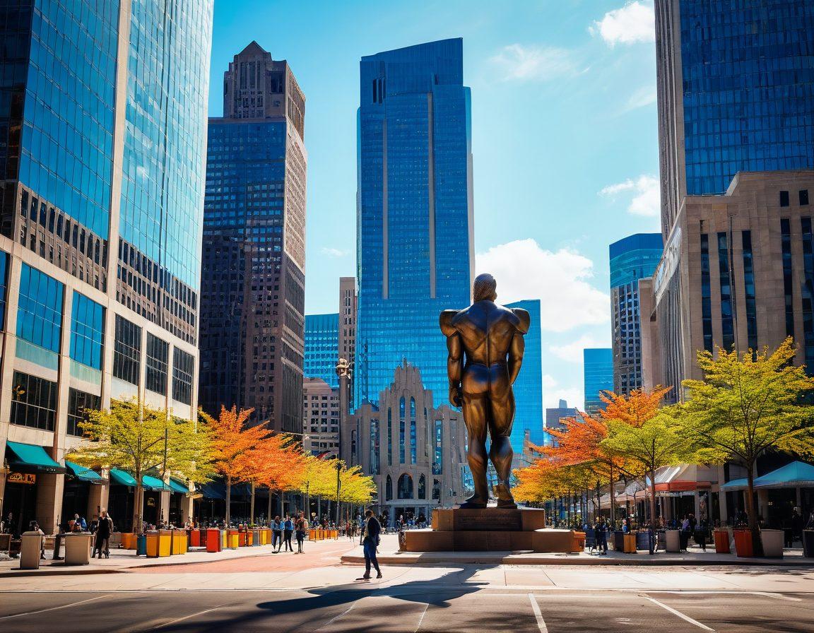 A bustling street scene in Detroit showcasing iconic landmarks like the Renaissance Center and the Spirit of Detroit statue, with diverse residents engaging with community service kiosks and city government buildings on a sunny day. Colourful banners and posters promoting local community projects and support services enhance the image. Vibrant, urban, welcoming vibes. super-realistic. vibrant colors.