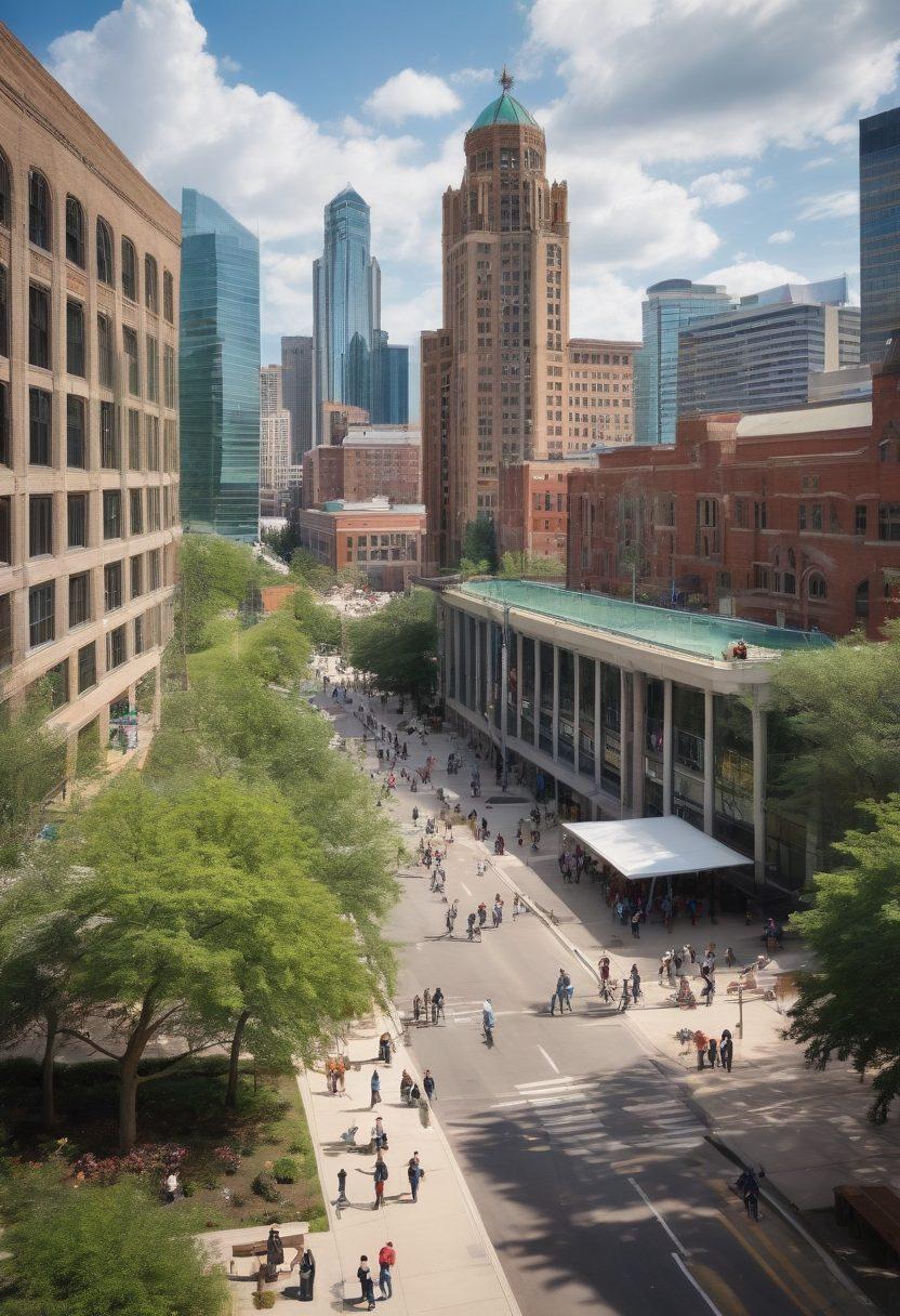 A bustling, vibrant urban scene of Detroit's downtown with iconic landmarks, diverse residents happily interacting, municipal service buildings like a library, police station, and a community center. Include green spaces and people utilizing community resources such as food banks and public transportation. Convey a sense of community unity and support. painting. vibrant colors.